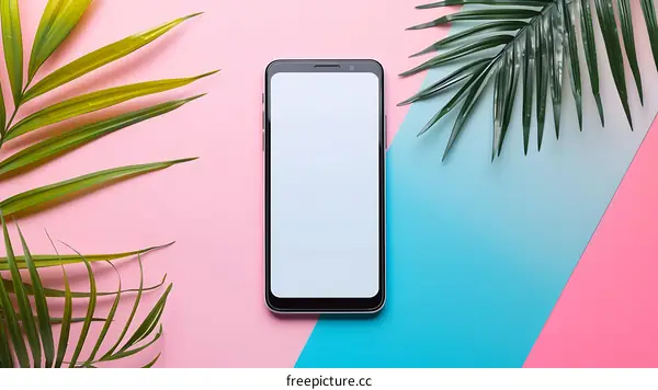 Smartphone Mockup on a Pink and Blue Background with Palm Leaves