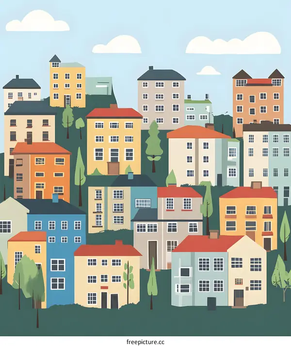 Colorful Illustration of a Small Town with Houses and Trees