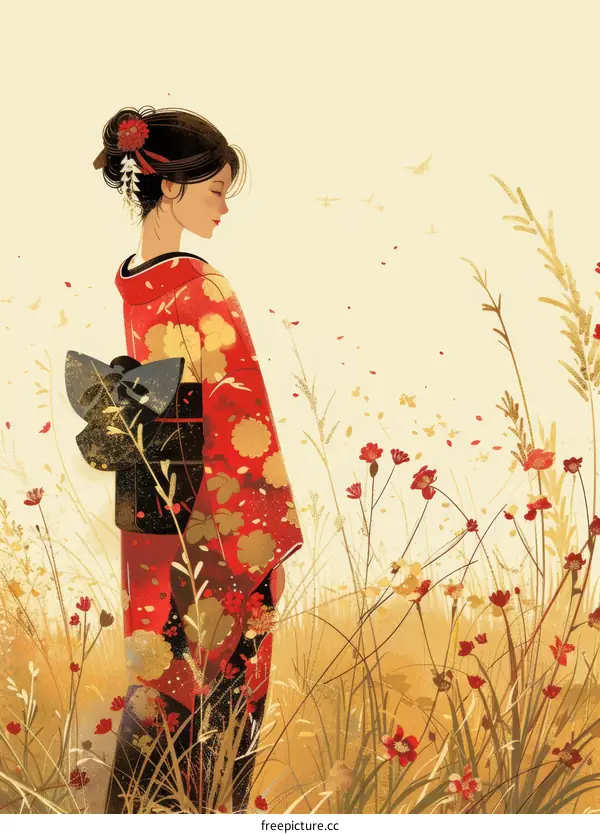 A woman wearing a red kimono standing in a field of red and yellow flowers