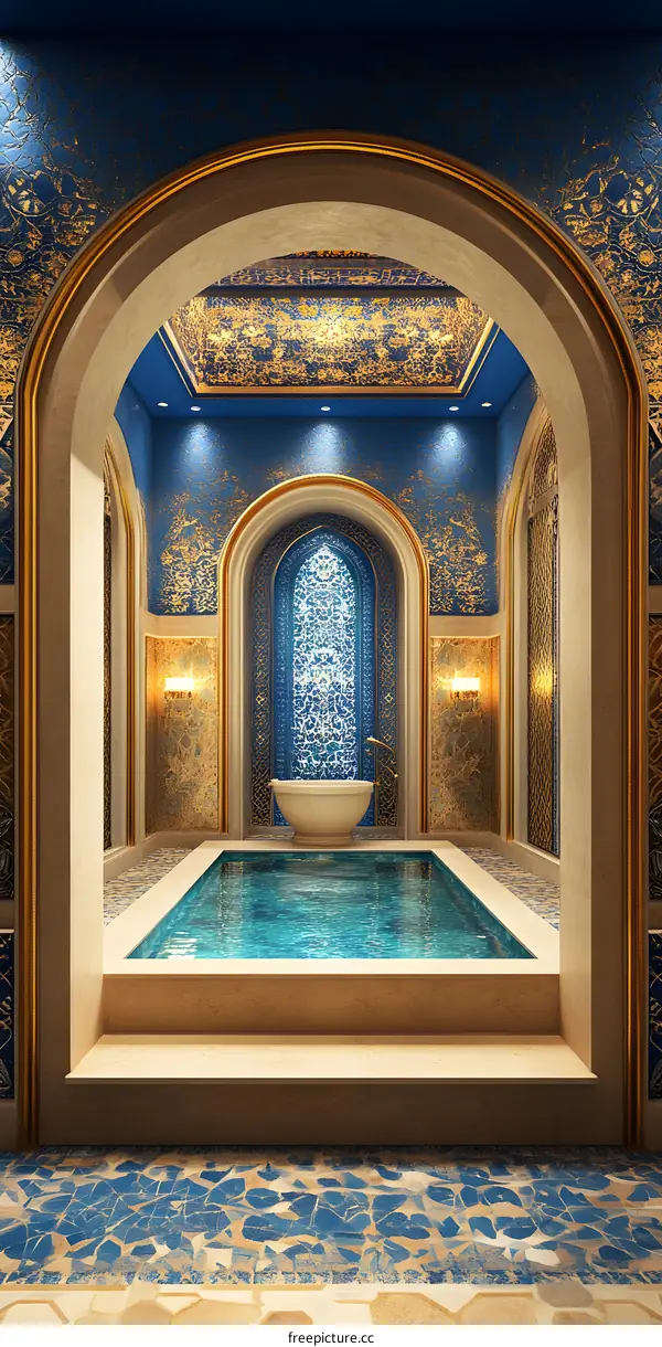 Luxury Interior Design with Golden Arched Ceiling and Blue Mosaic Tiles