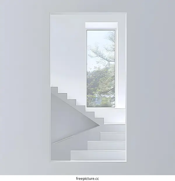 Modern White Staircase with View of Trees Through Window