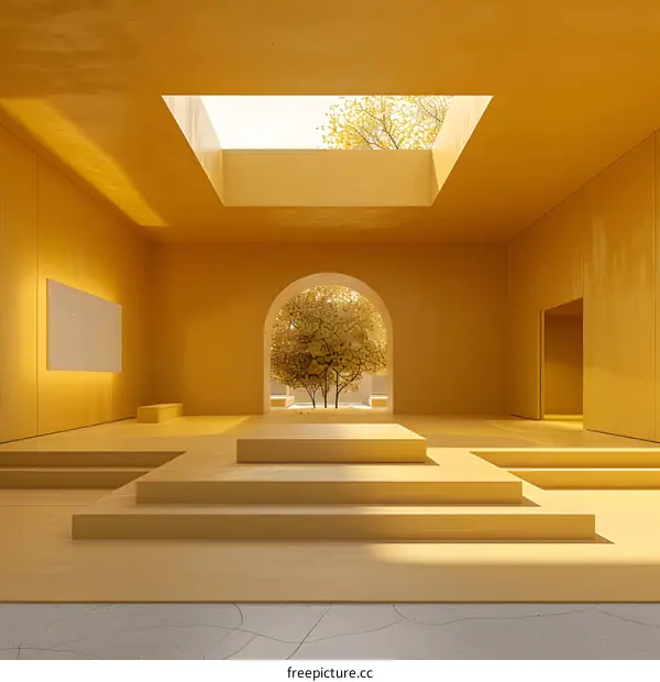 A 3D rendering of a room with a large arched opening in the back wall. The room is painted in a bright yellow color and there is a single tree in the middle of the room.