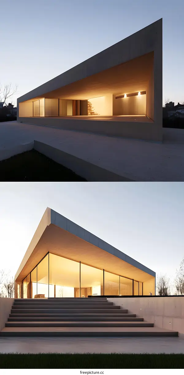 Modern Minimalist Concrete House Exterior Design with Glass Windows and Stairs