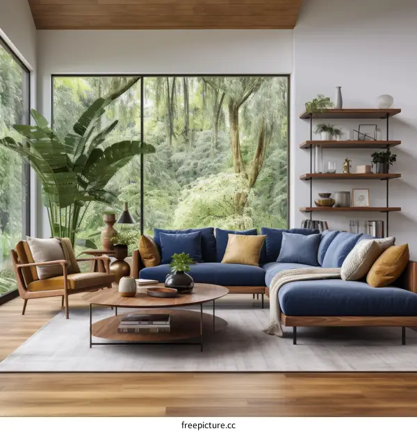 A stylish living room with a large window looking out onto a forest