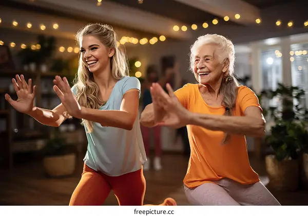 Two women of different ages doing yoga together