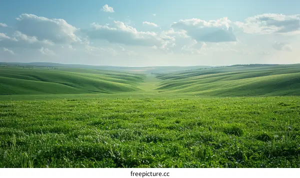 Green rolling hills under blue sky and white clouds