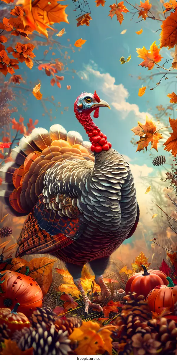 A turkey standing in an autumn forest