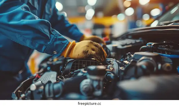 Car engine being repaired by a mechanic