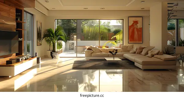 Bright modern living room interior with large windows