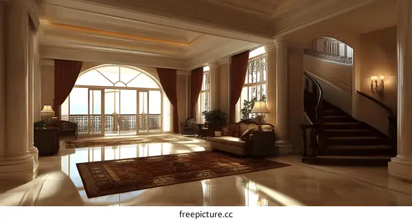 Elegant Interior Design with Curved Staircase and Large Windows