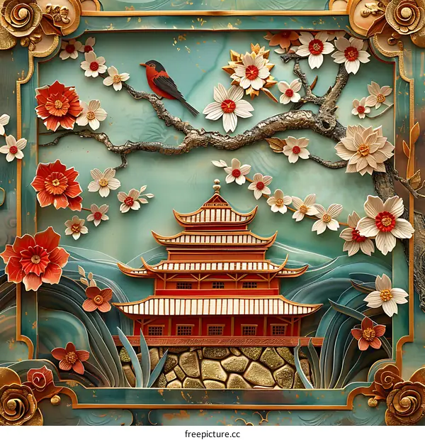Papercut Art Of Chinese Architecture With Bird On Branch