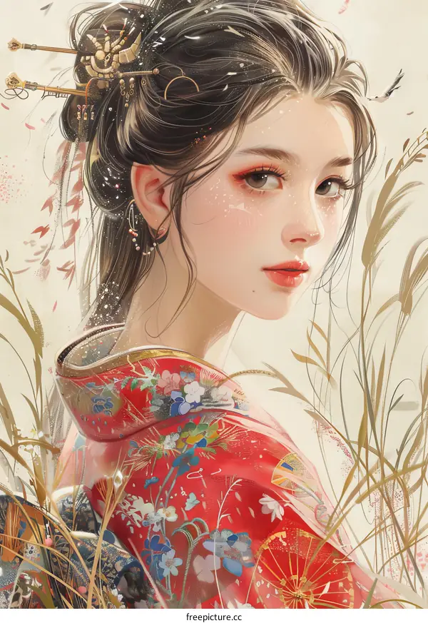 Beautiful Asian Woman in Traditional Japanese Kimono with Floral Design