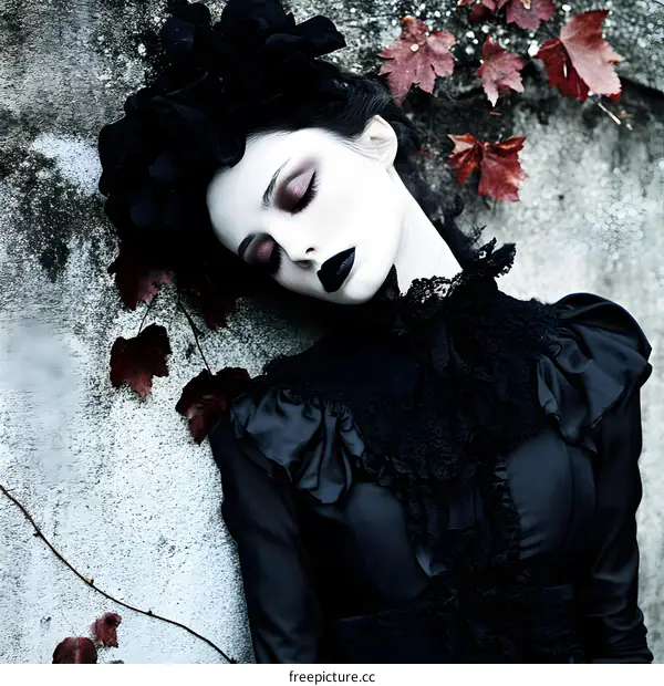 Gothic Style Woman With Black Makeup Lying on Stone Wall