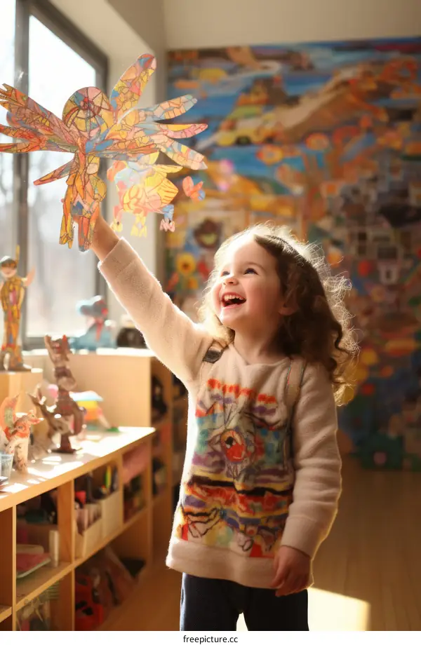 Little girl holding up a colorful paper butterfly