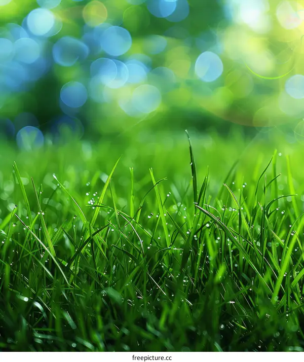Close-up of green grass with water drops and blurred background