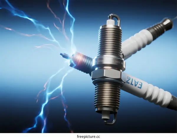 Spark Plug with Electrical Discharge in Blue Background