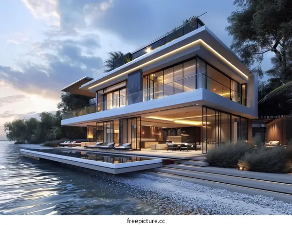 Modern house exterior with pool near the lake