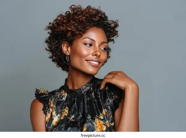 Elegant Woman with Curly Hair Wearing Floral Dress Against Gray Background
