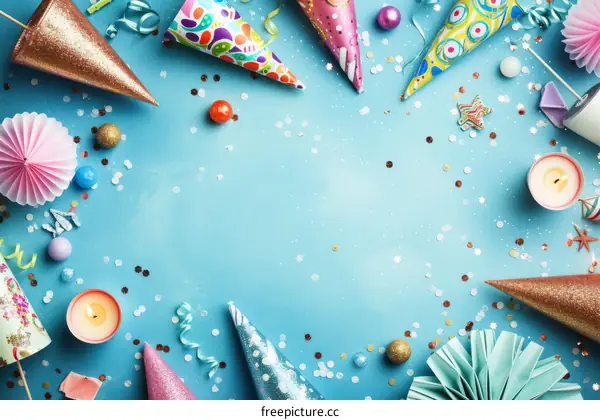Colorful party hats and decorations on a blue background