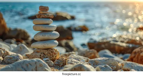 Stack of stones on a beach with the sea in the background