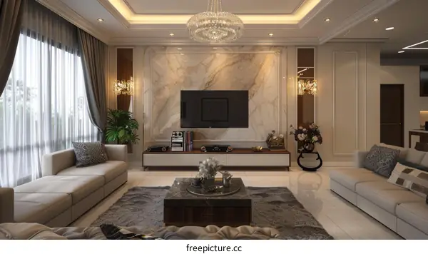 Living Room Luxury Interior Designs with Marbled TV Backdrop