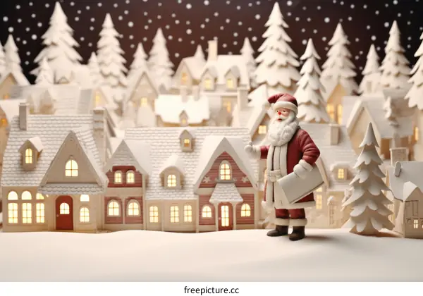 Santa Claus figurine in a snowy village