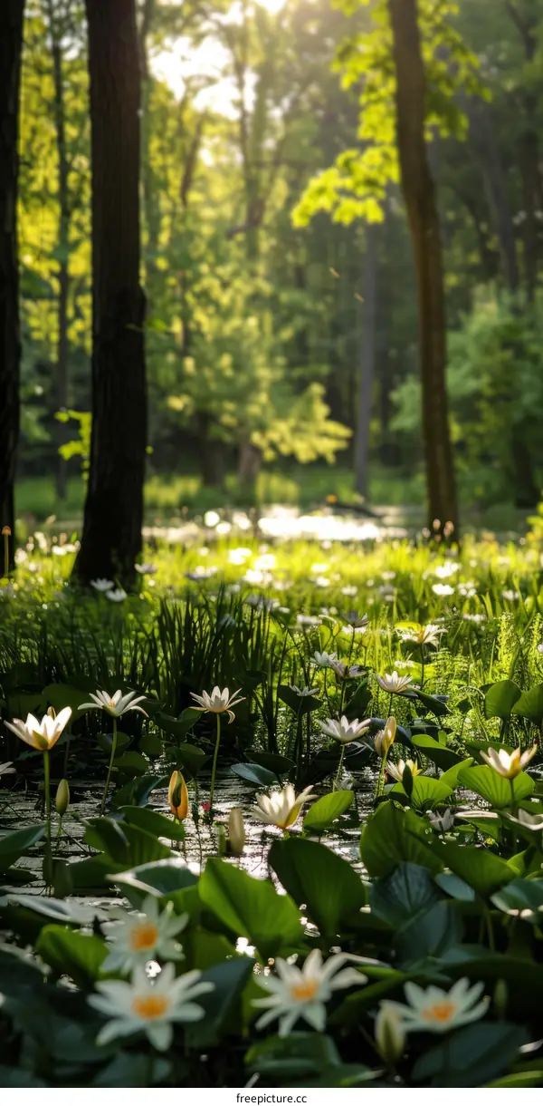 Sunbeams Dappling Pond of Water Lilies in Verdant Forest