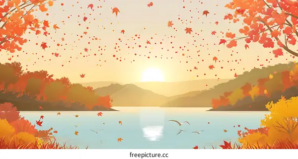 Autumn Landscape with Sunset and Falling Leaves
