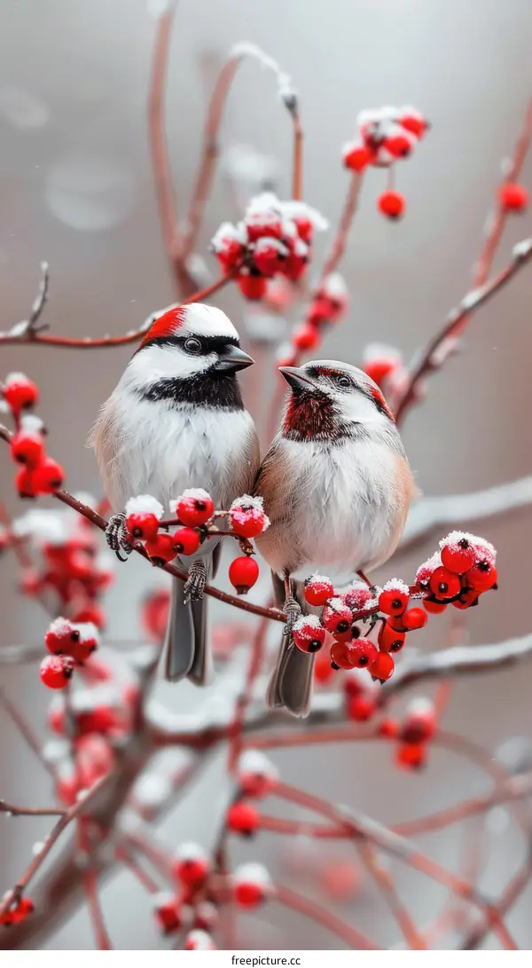Two birds on a branch with red berries in the snow
