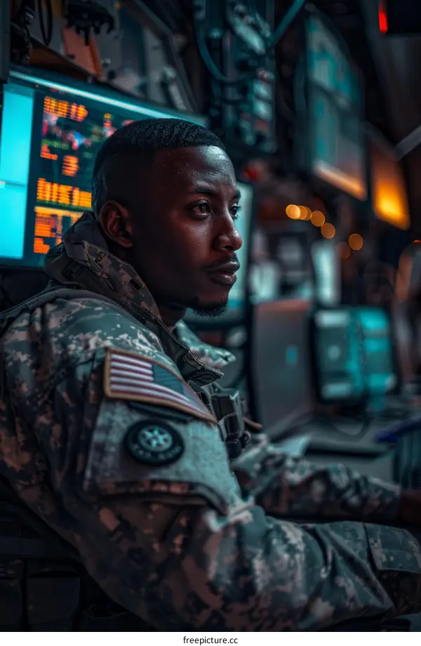 Portrait of a young African-American soldier sitting in front of a computer screen