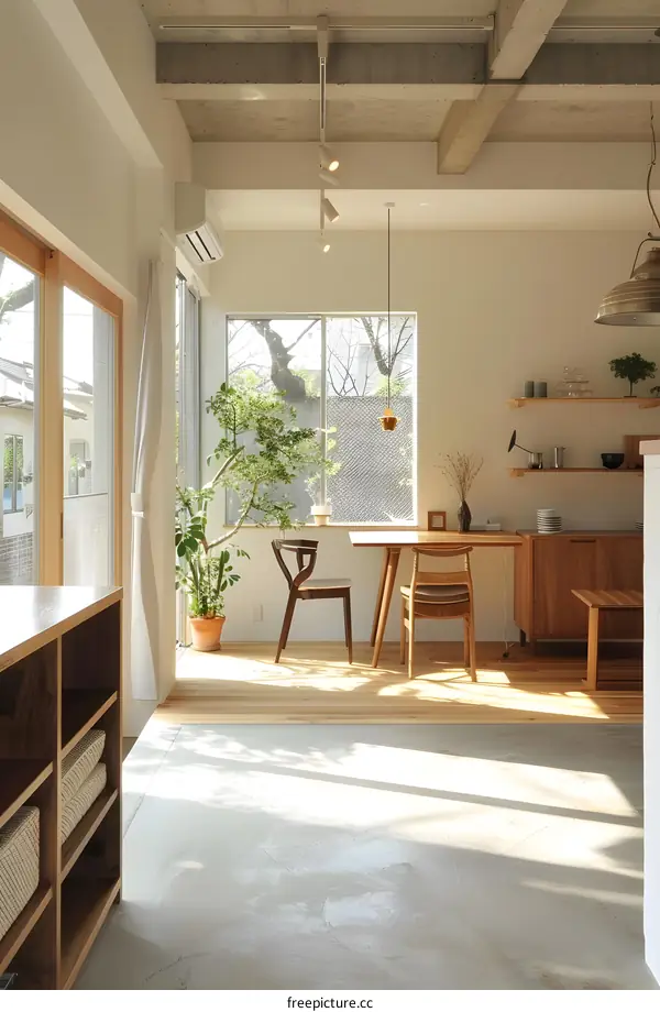 Modern Japanese Home Interior Design With Wooden Furniture And Large Windows