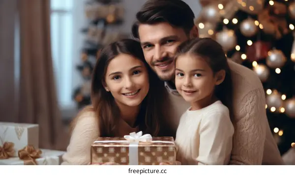 Family of three opening presents on Christmas morning