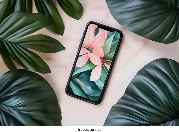 Smartphone Screen With Tropical Leaves Wallpaper
