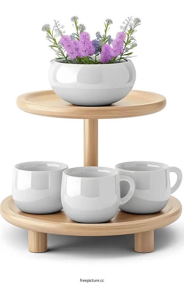 Wooden Serving Stand with Flower Pot and Cups
