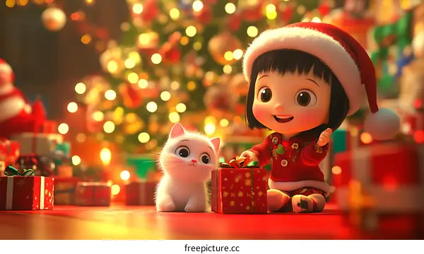 Christmas Cartoon Girl and Cat Opening Presents
