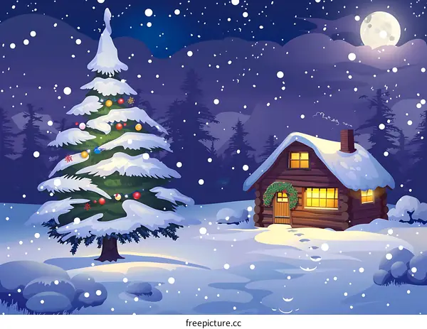Snowy Night Winter Wonderland With Christmas Tree And Cozy Cabin