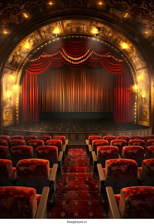 Vintage Theater Stage with Red Curtains and Empty Seats