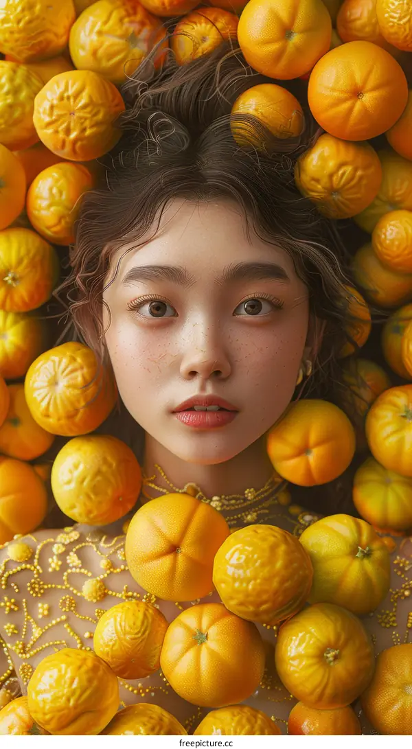 Portrait of Asian Woman Surrounded by Oranges