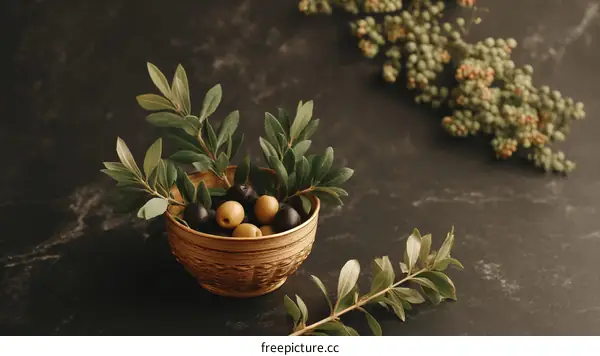 Dark Stone Tabletop with Olives and Branches