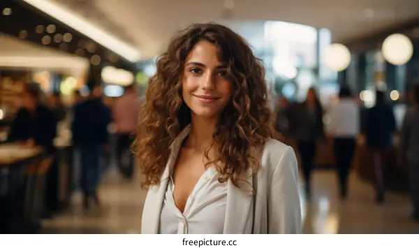 Portrait of a young woman with curly hair smiling in a shopping mall