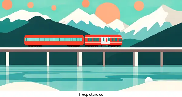 Red Train Crossing Mountains and Water