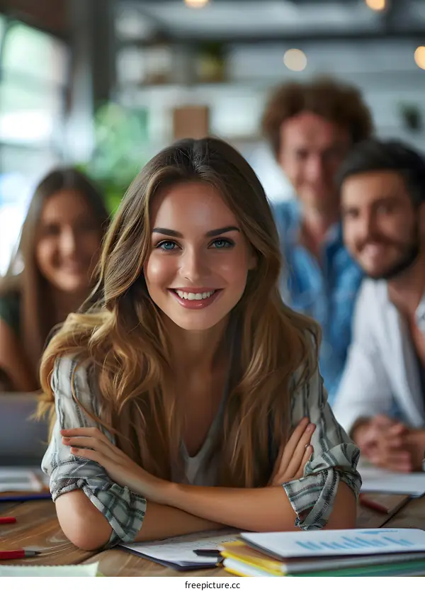 portrait of a young woman with long hair smiling at the camera