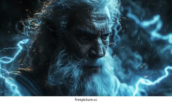 Zeus, the god of thunder, with lightning surrounding him