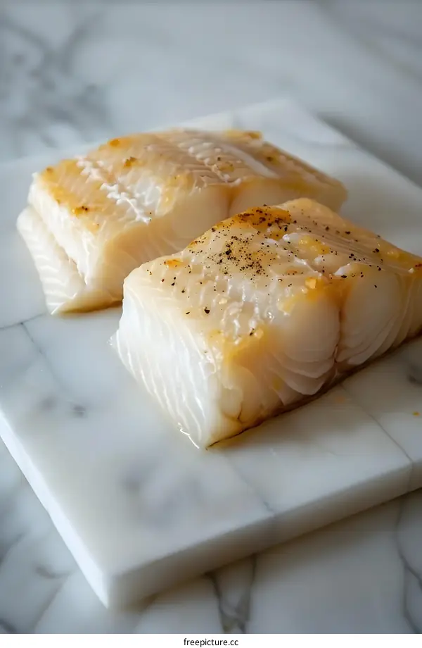 Two pieces of raw white fish fillet on a marble cutting board