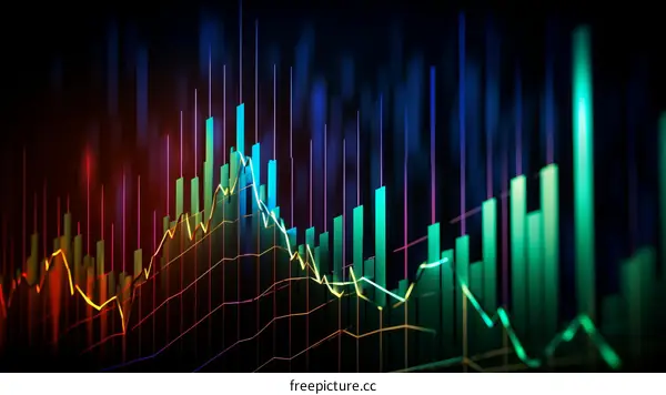 Multicolored abstract glowing lines and bars graph on dark blue background