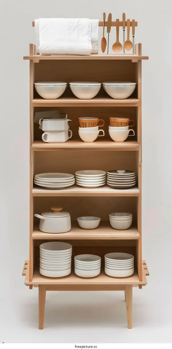 Wooden Kitchen Cabinet With White Dishes and Utensils