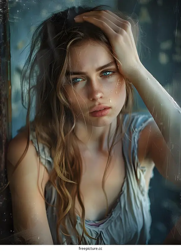 Portrait of a beautiful young woman with blue eyes and long blond hair