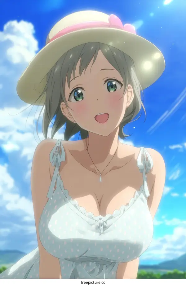 Anime Girl in Summer Dress with Straw Hat