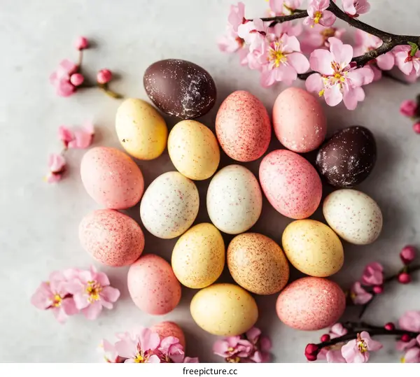 Colorful Easter Eggs Decorated with Spring Flowers