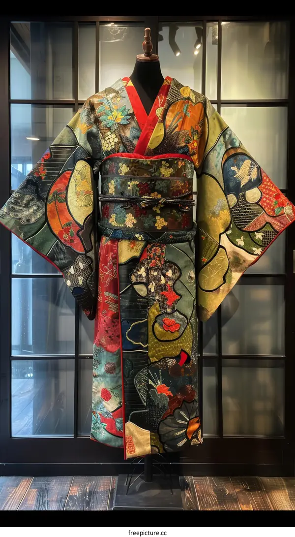 A kimono with a pattern of flowers and birds